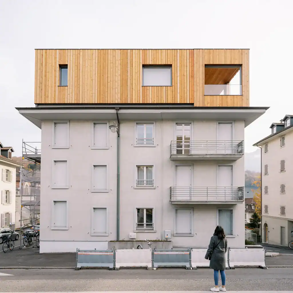 Façade d'un bâtiment avec extension en bois clair et fenêtres modernes.