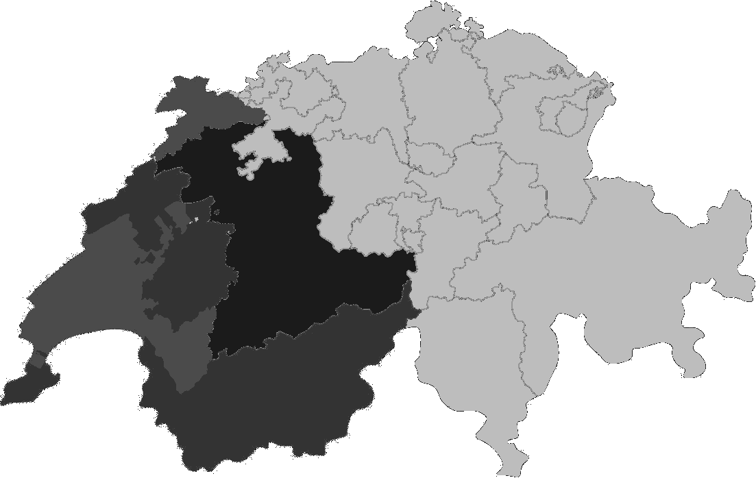 Carte de la Suisse avec régions en gris clair et foncé.